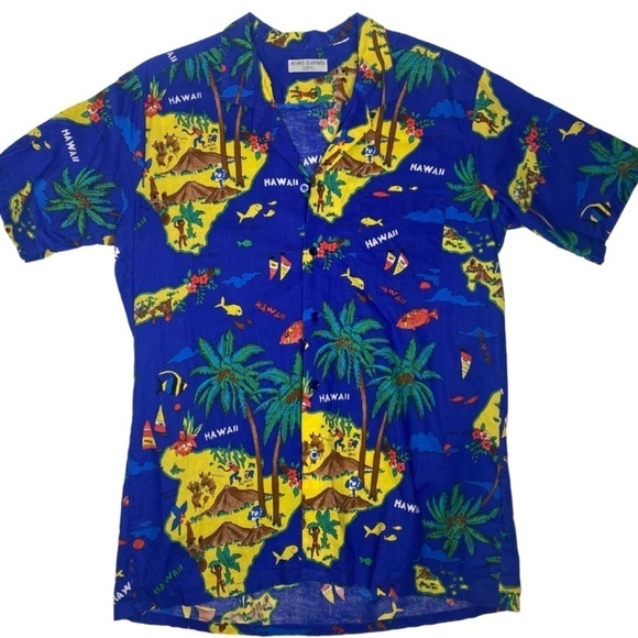 Marc Daniels Vintage Blue Short Sleeve Hawaiian Button-Up Sz L( Runs Small) - Picture 1 of 6